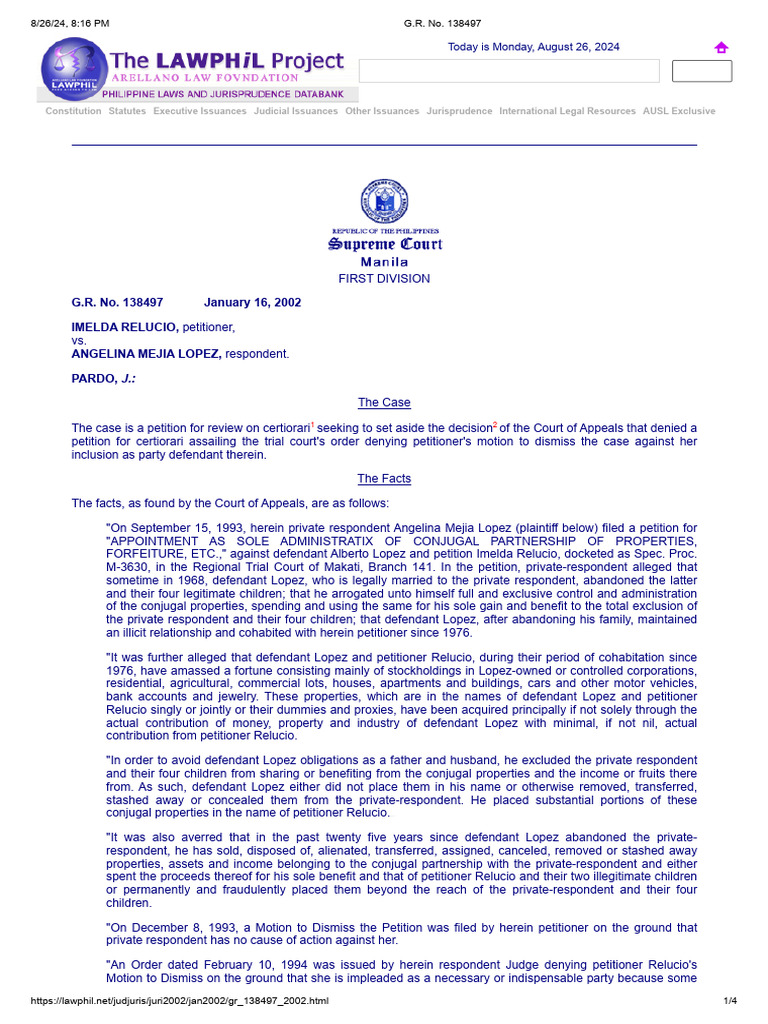 Relucio vs. Lopez, 373 SCRA 578 G.R. No. 138497 | PDF | Cause Of Action ...