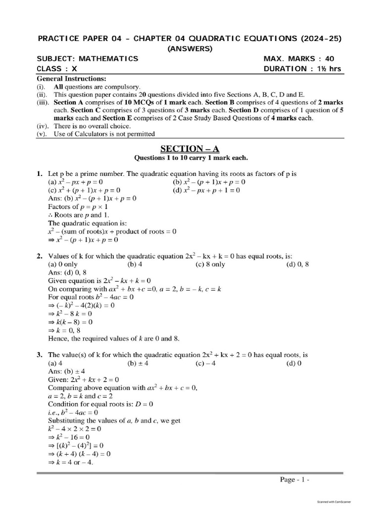 Maths Class X Chapter 04 Quadratic Equations Practice Paper 04 2024 ...