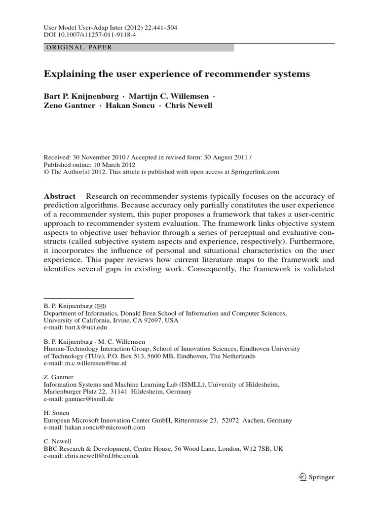 2012-Recsys-Explaining the User Experience of Recommender Systems | PDF ...