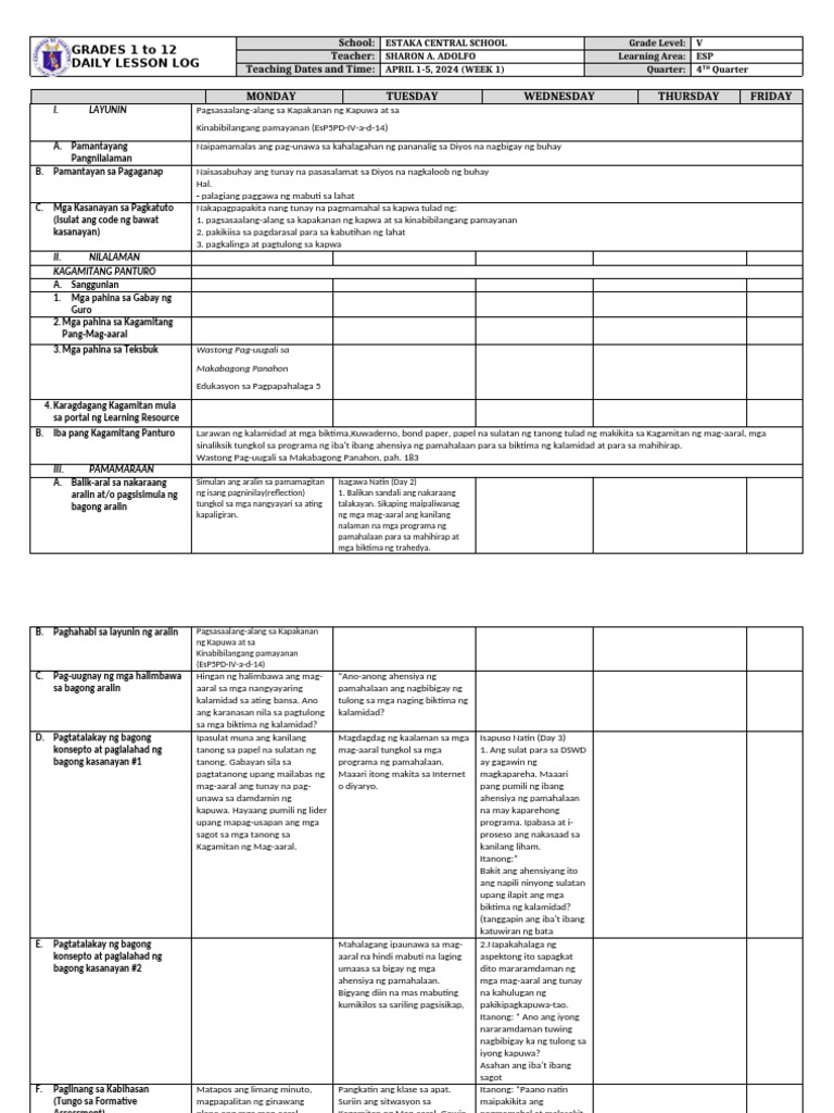 Grade 5 DLL Esp 5 q4 Week 1 | PDF