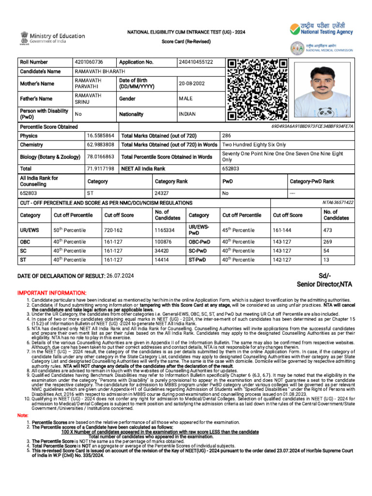 Neet - Ntaonline.in Frontend Web Re-revised25july-Scorecard Score-Card ...