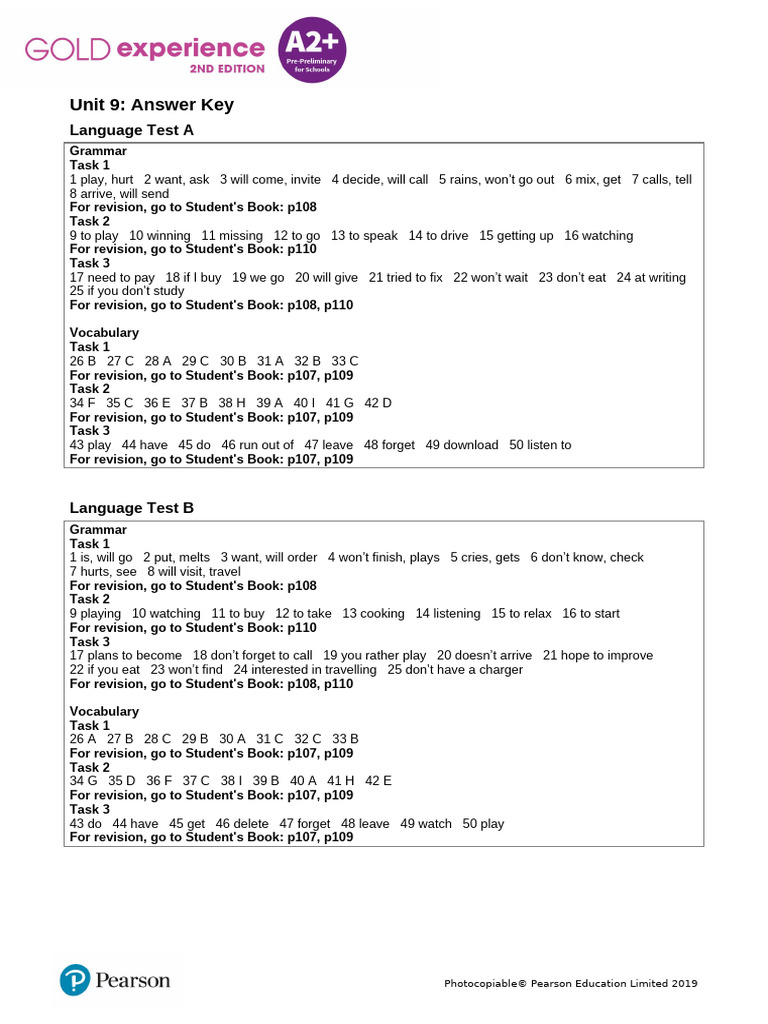 Gold Exp A2P U9 Lang Test AK | PDF