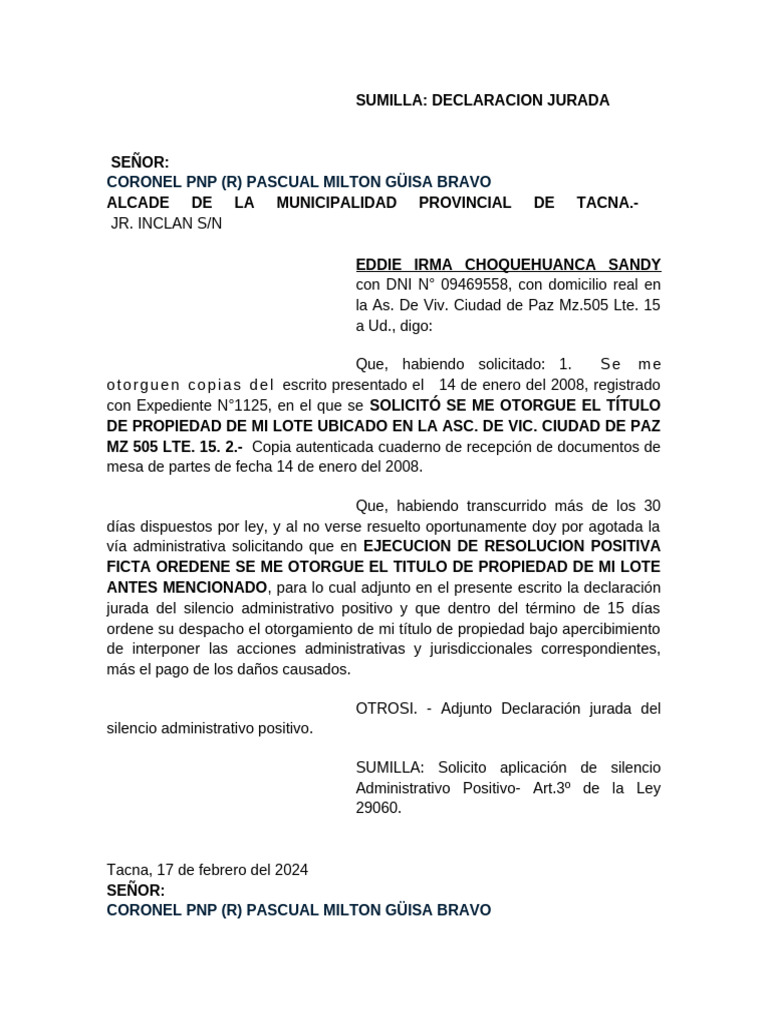 Solicitud de Título de Propiedad en Tacna | PDF | Justicia | Crimen y ...