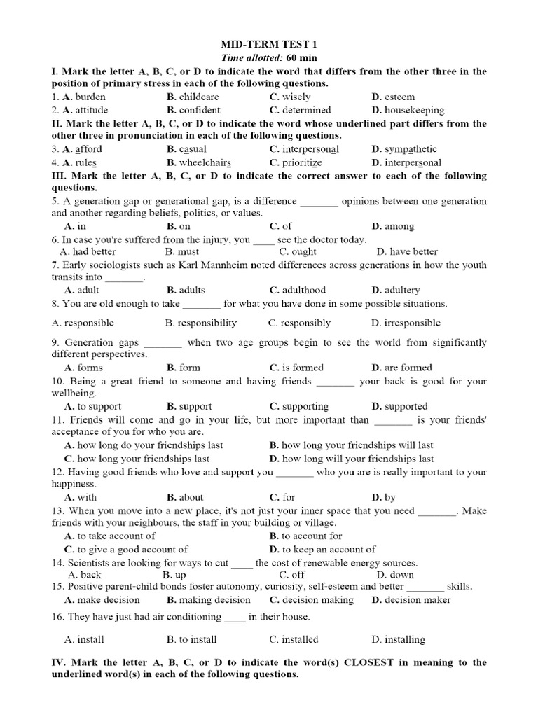 Mid-Term Test HK 1. | PDF