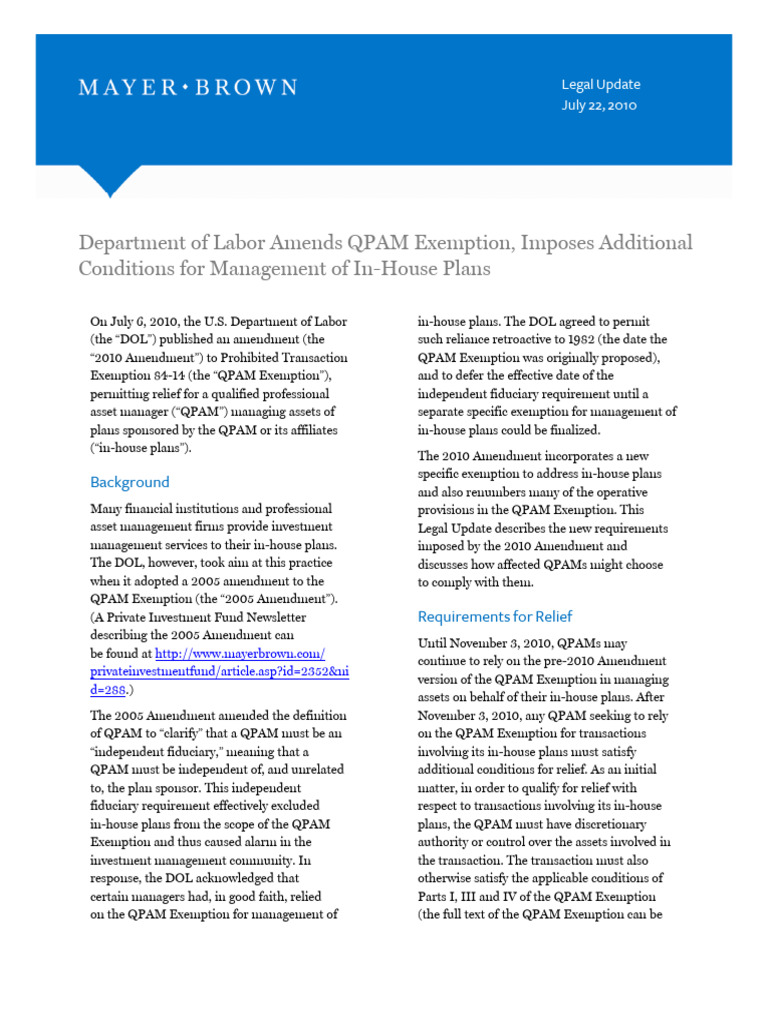 DOL Updates QPAM Exemption Rules | PDF | Audit | Limited Liability ...