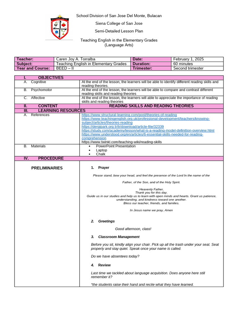 Lesson Plan: Reading Skills & Theories | PDF | Reading Comprehension ...