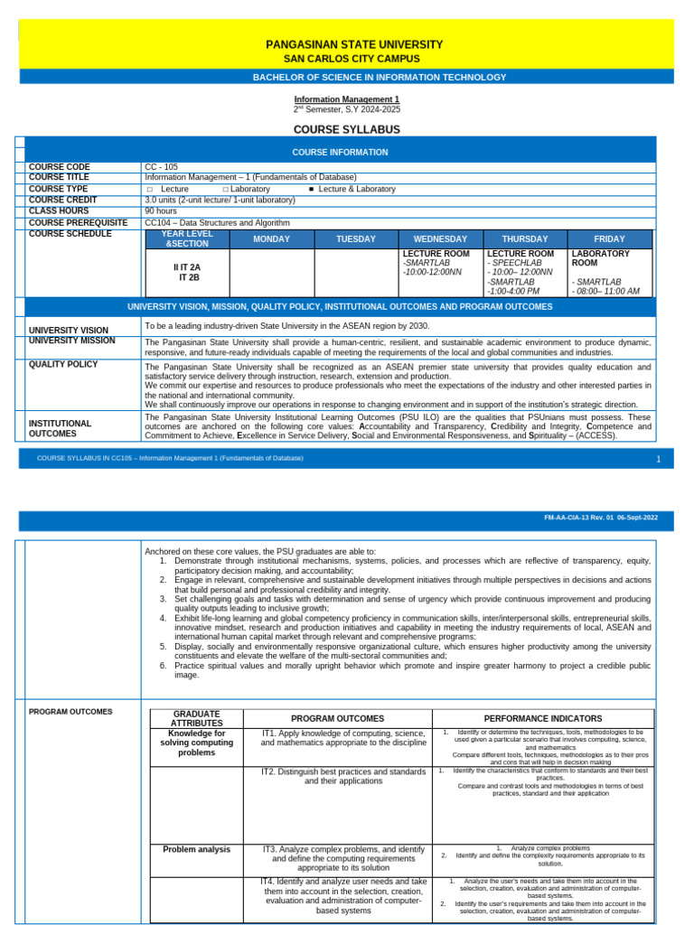 Information Management 1 Course Syllabus | PDF | Databases | Database ...