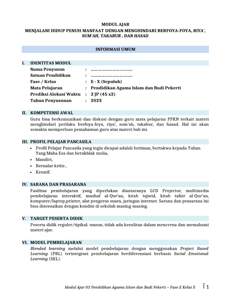 Menghindari Riya dan Perilaku Tercela | PDF