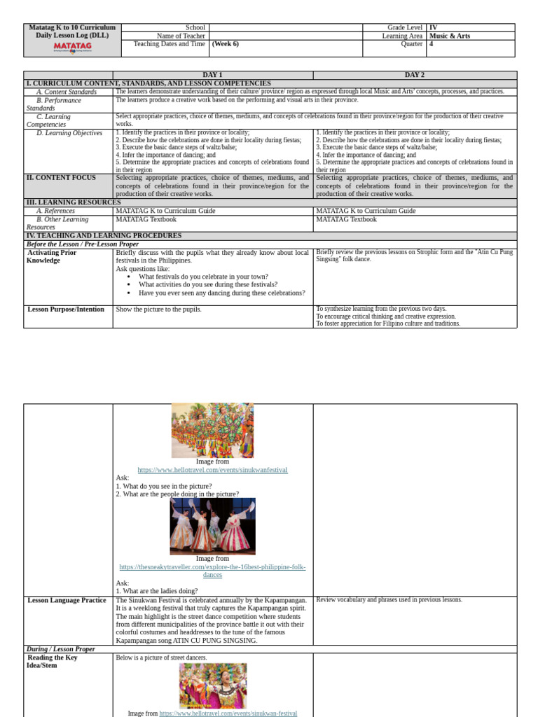 Music and Arts Lesson Plan for Grade IV | PDF | Dances | Curriculum