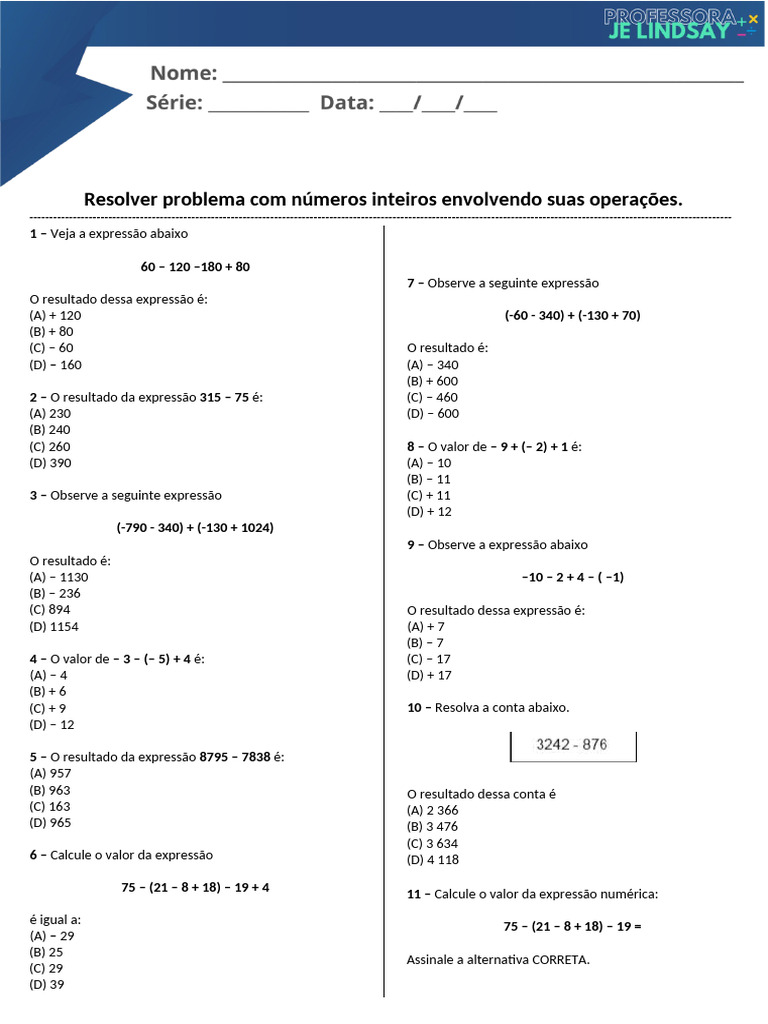 Problema Com Números Inteiros Envolvendo Suas Operações | PDF