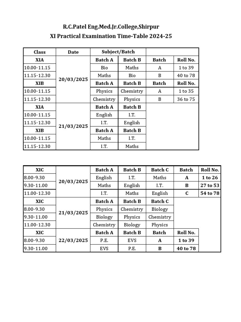 XI Practical Time Table 2024-25 | PDF