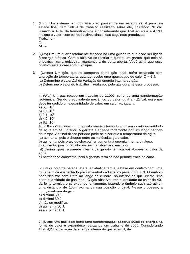 Aplicações da Primeira Lei da Termodinâmica | PDF | Termodinâmica | Calor