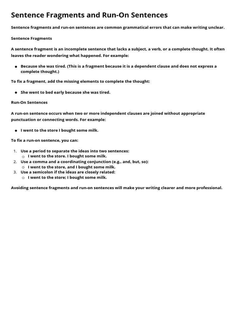 Sentence Fragments and Run-On Sentences | PDF