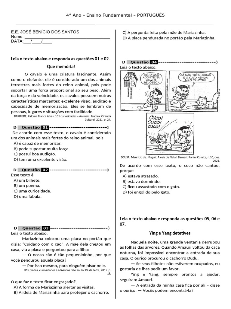 Simulado de Português 4º Ano | PDF