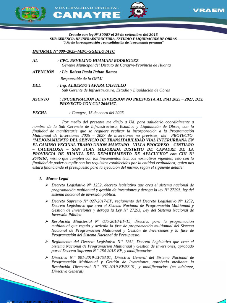 Informe 009 - Aprobacion de Inversion No Prevista 2646167 - Opmi | PDF ...