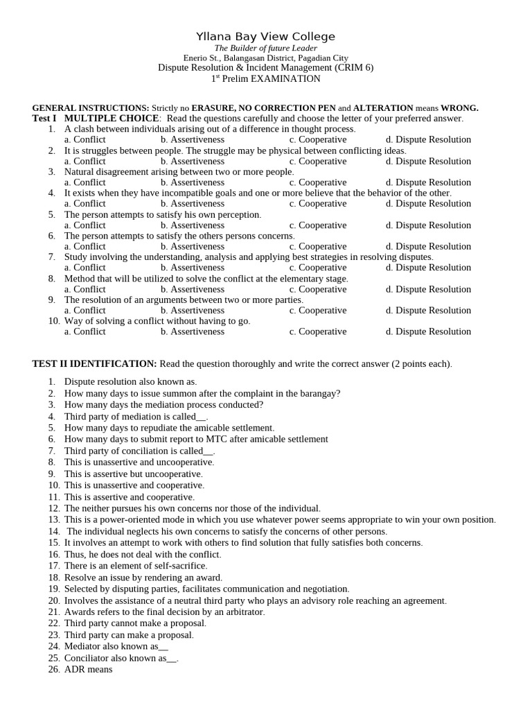 CRIM 6 Dispute Resolution Exam Guide | PDF | Mediation | Alternative ...