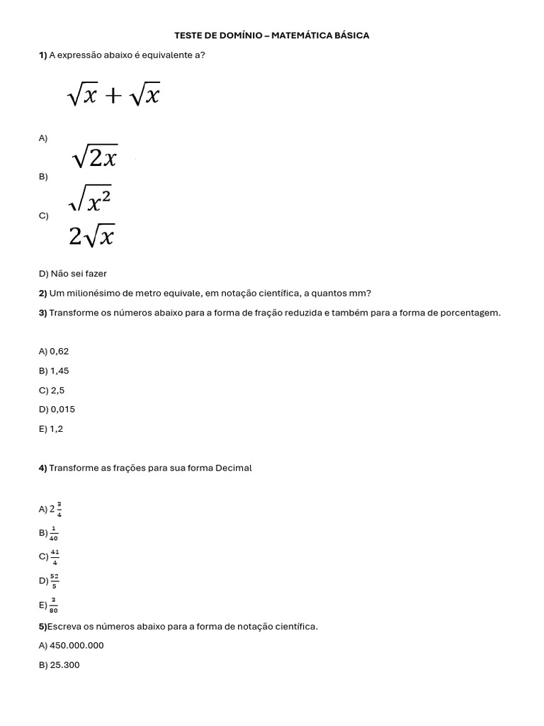 Teste de Matemática Básica e Proporcionalidade | PDF | Tempo