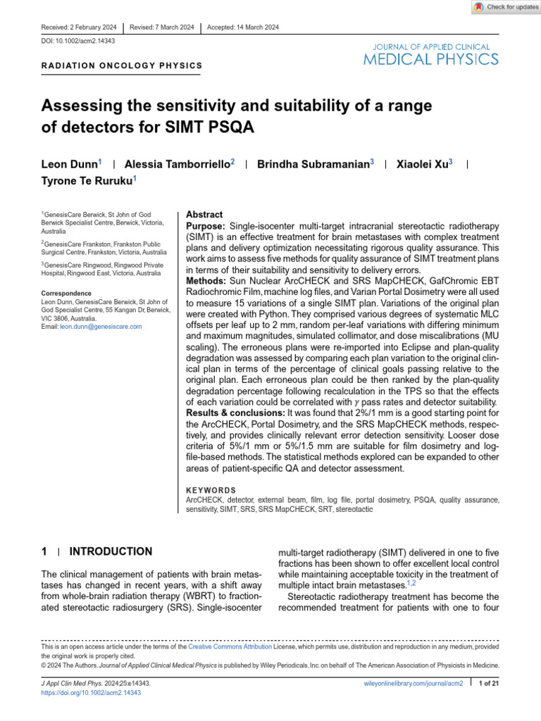 J Applied Clin Med Phys - 2024 - Dunn - Assessing The Sensitivity and ...