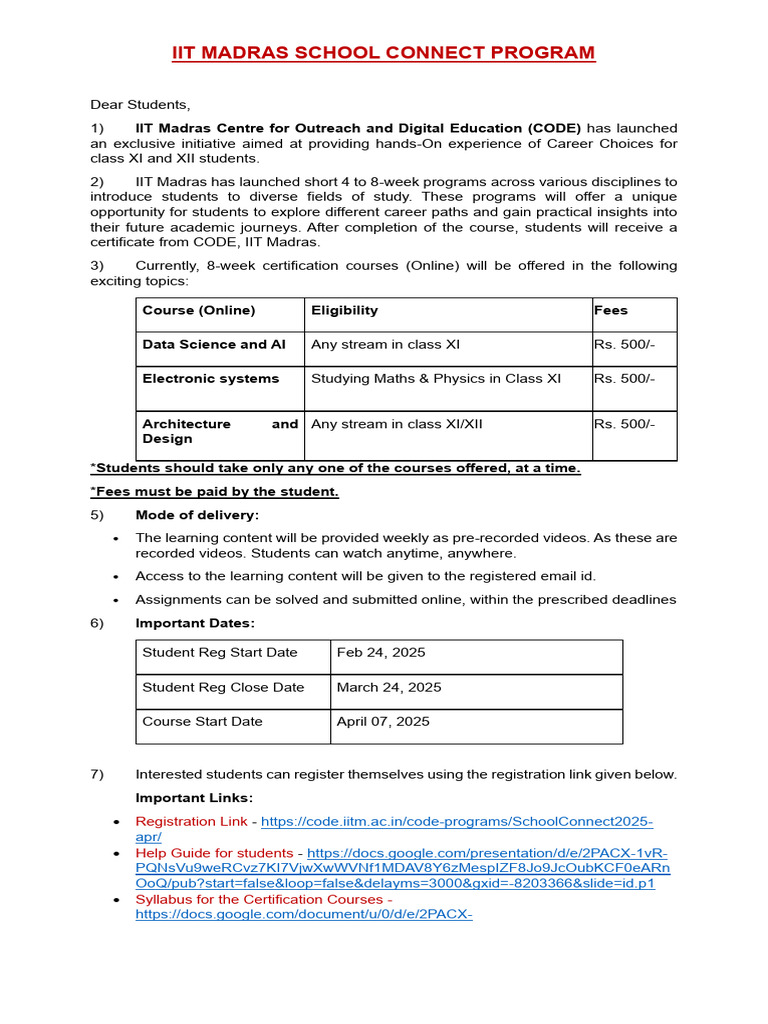 IIT Madras School Connect Program 2025 | PDF