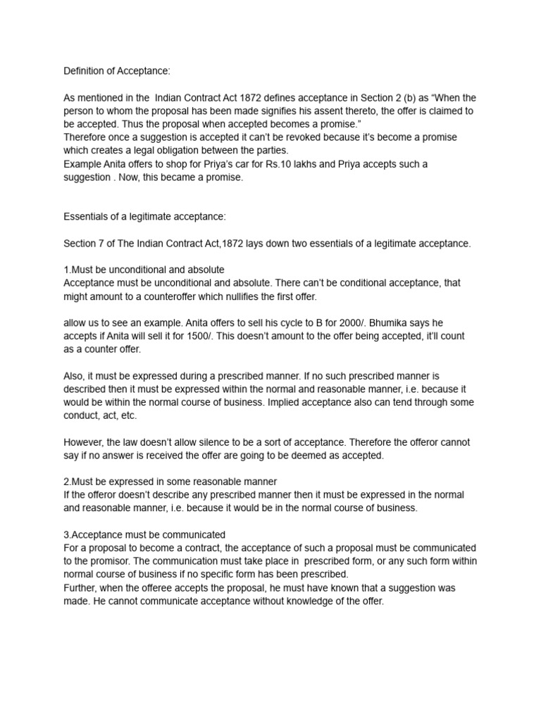 Acceptance in Indian Contract Law | PDF | Offer And Acceptance | Consent