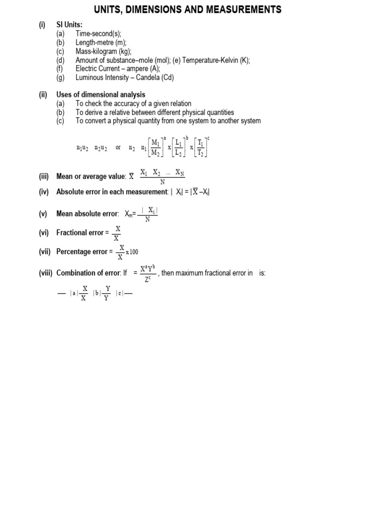 Phy XI Formulae | PDF | Measurement | Physical Quantities