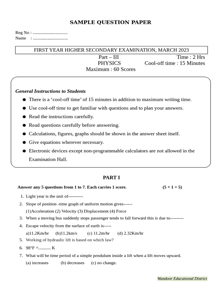 Physics Sample Question Paper 2023 | PDF | Acceleration | Force