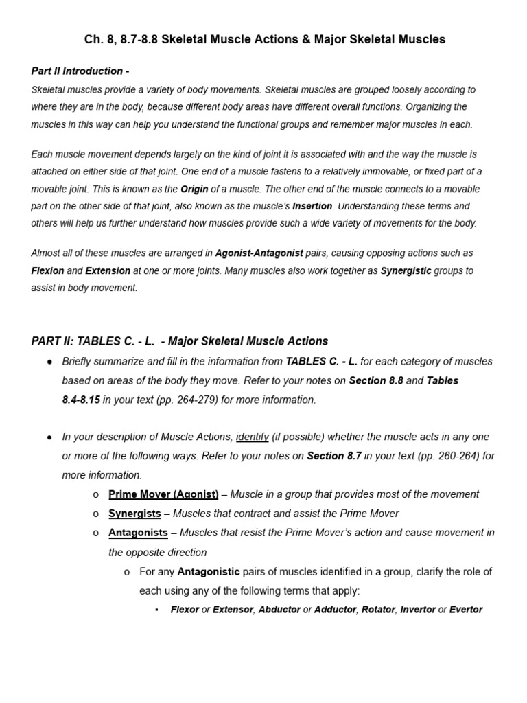 Part II 8, 8.7-8.8 Skeletal Muscle Actions - Group Info Tables | PDF ...