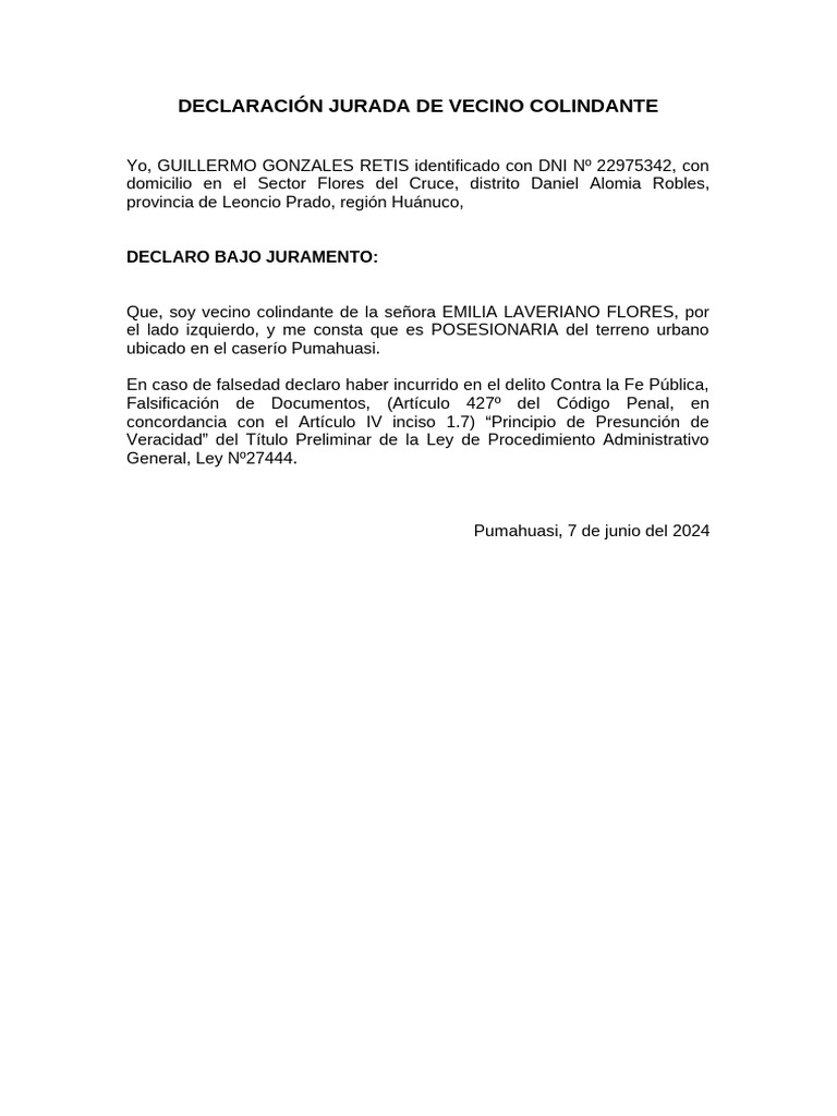 Declaración Jurada de Vecino Colindante para Rellenar | PDF