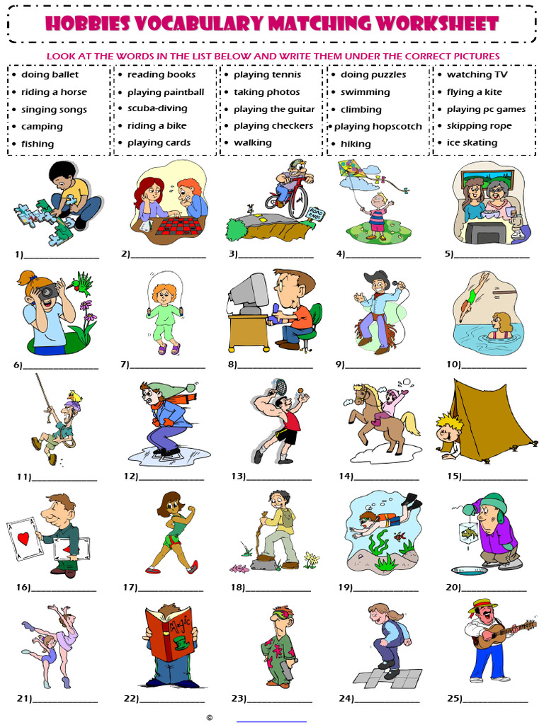 Hobbies and Interests Vocabulary Matching Exercise Worksheet | PDF