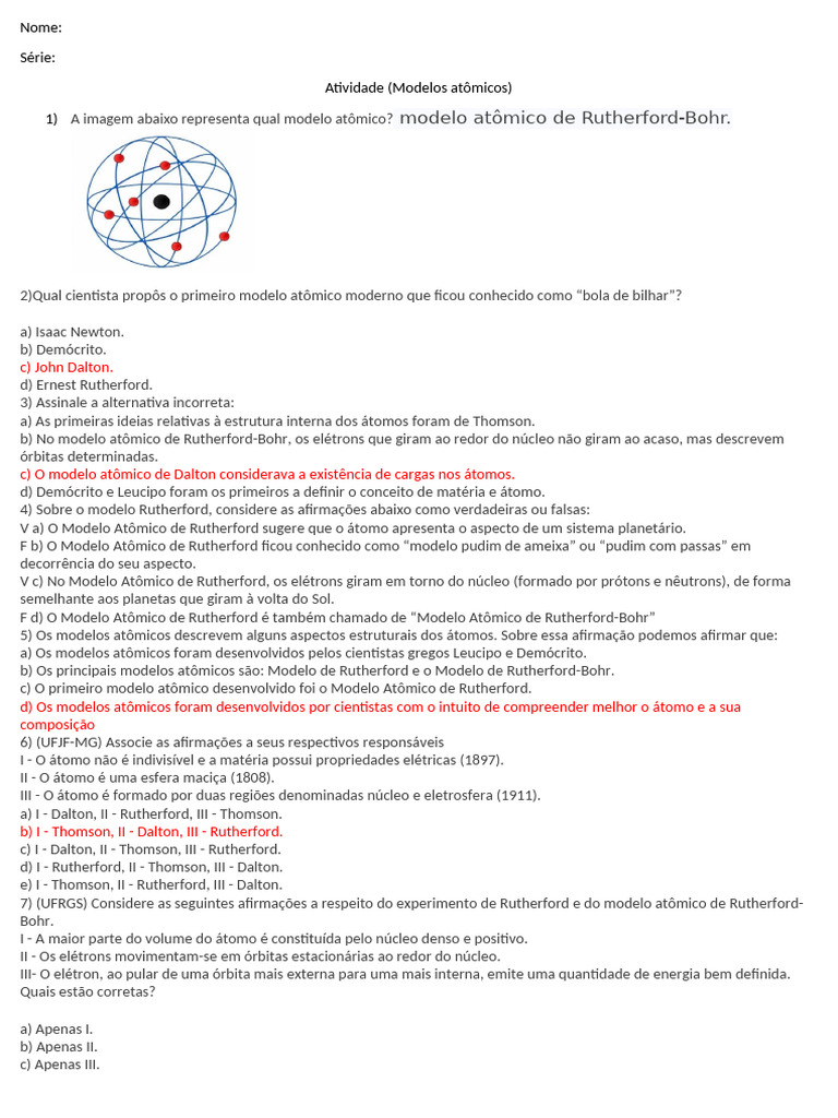 Modelo Atômico de Rutherford e Questões | PDF | Elétron | Núcleo atômico
