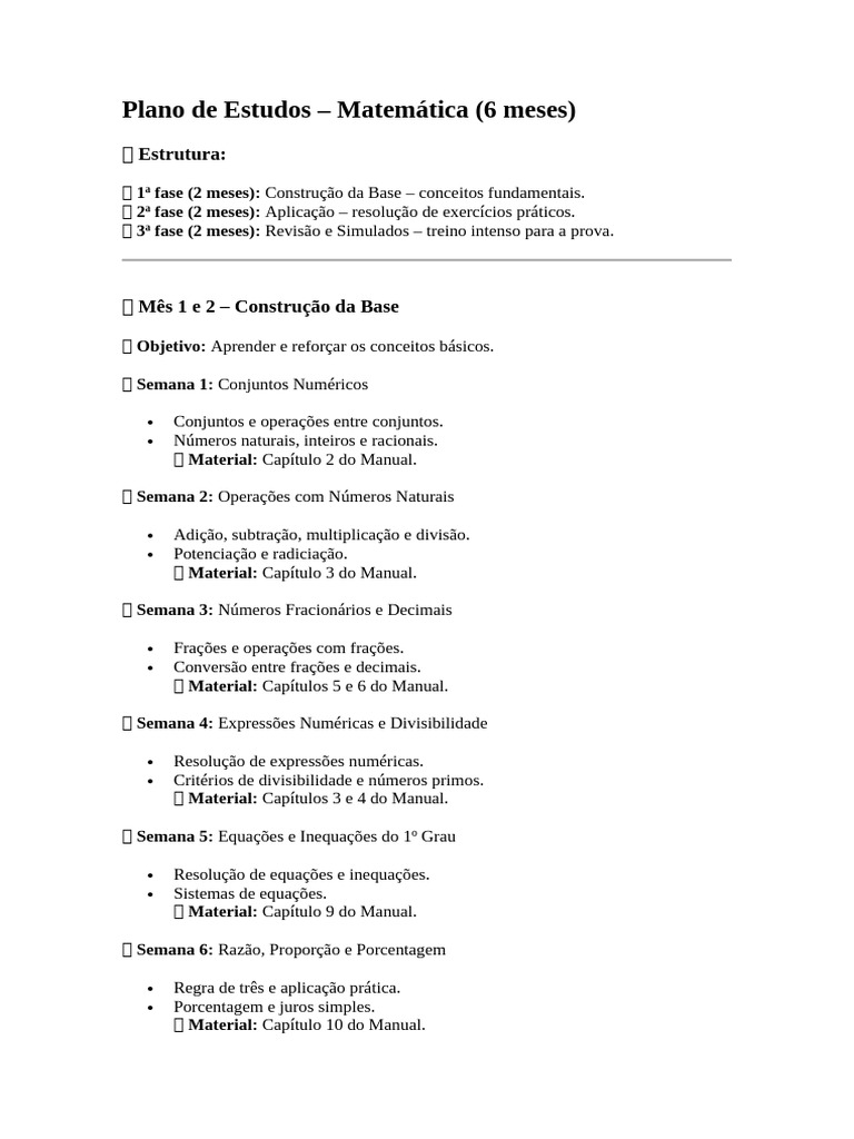 Plano de Estudos de Matemática para 6 Meses | PDF | Matemática | Números