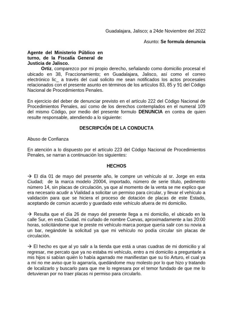 Denuncia por Robo de Vehículo en Jalisco | PDF | Justicia | Crimen y ...