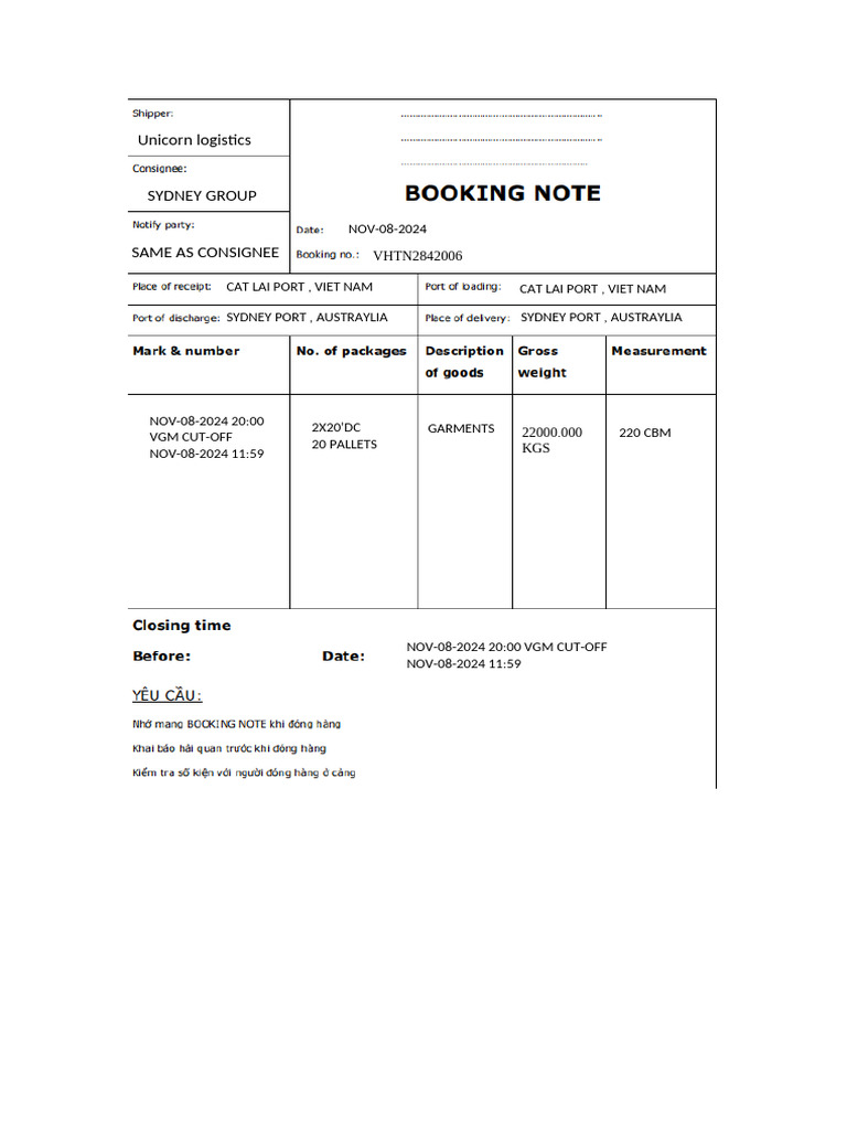 ĐẶNG QUỐC NHÂN - BOOKING NOTE | PDF