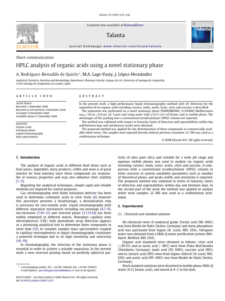 HPLC Method for Organic Acids Analysis | PDF | High Performance Liquid ...