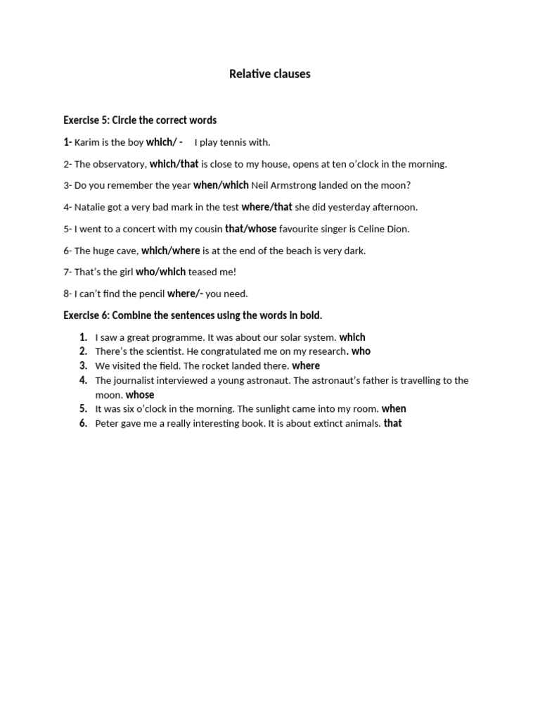 Relative Clauses Extra Exercises | PDF