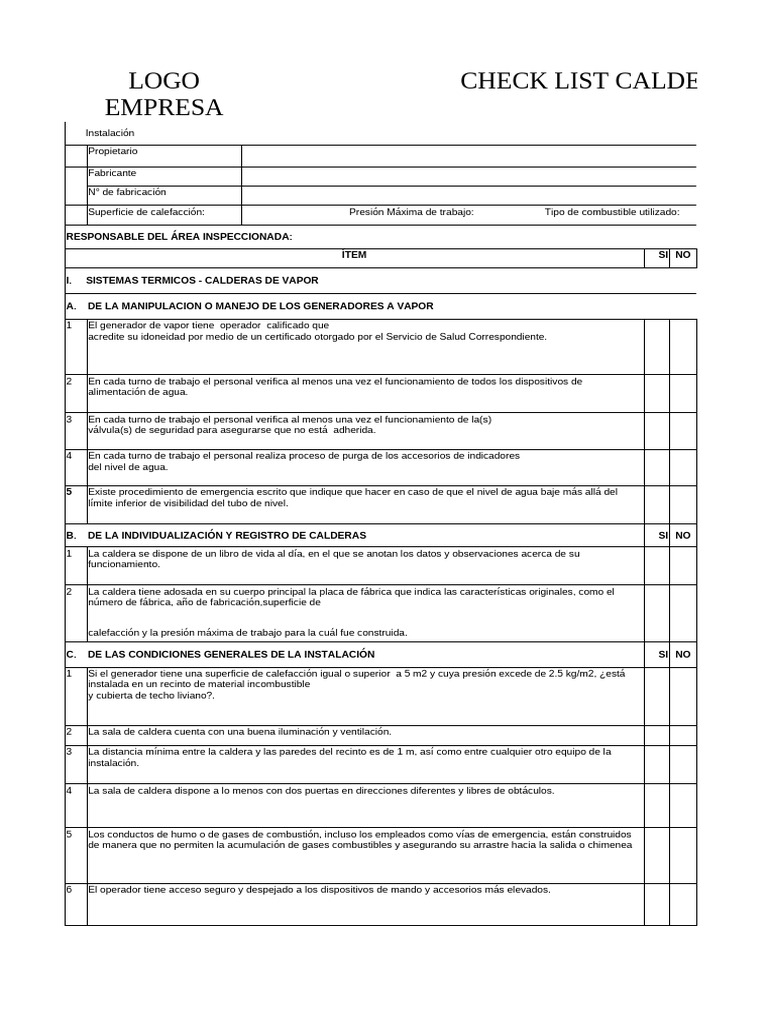 Checklist Inpeccion de Calderas o Caldera 1 | PDF | Agua | Vapor