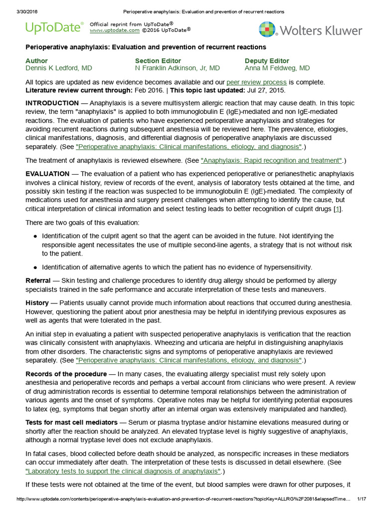 Perioperative Anaphylaxis Evaluation | PDF | Allergy | Anesthesia