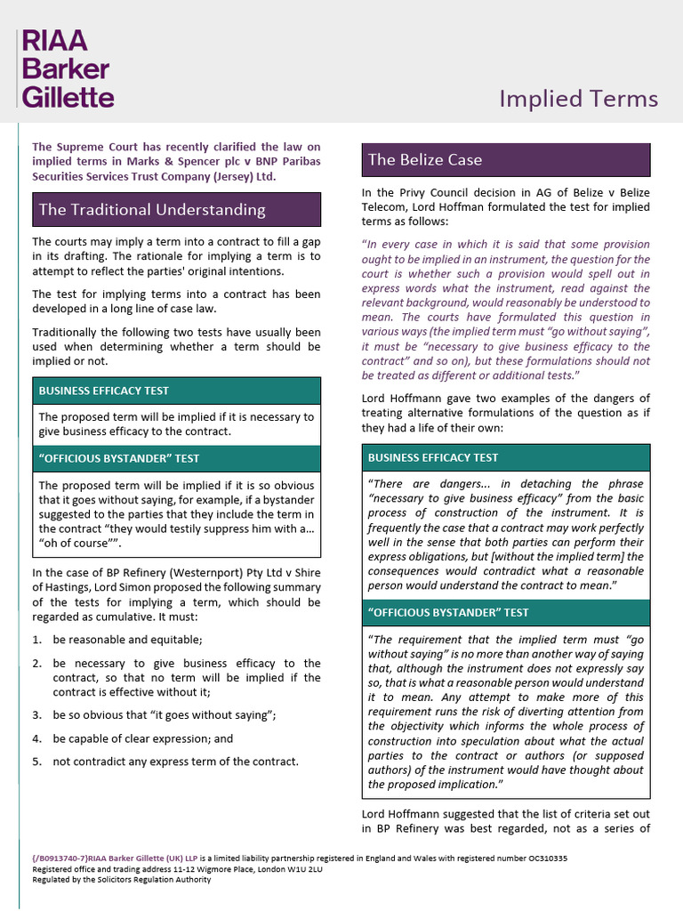 Implied Terms In Marks Spencer Case Pdf Contractual Term Justice