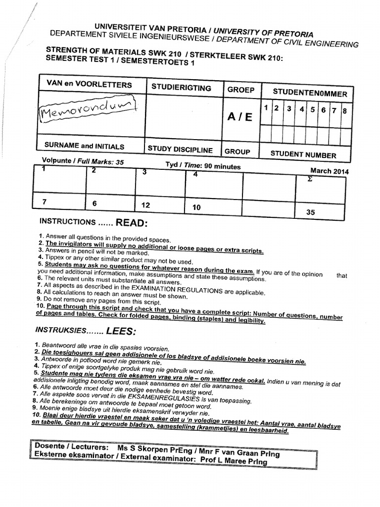 Swk210semtest1 2014memo Pdf