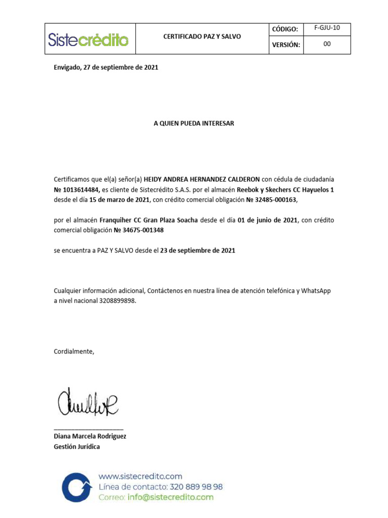 F-GJU-10 Certificado Paz y Salvo HEIDY ANDREA HERNANDEZ CALDERON | PDF