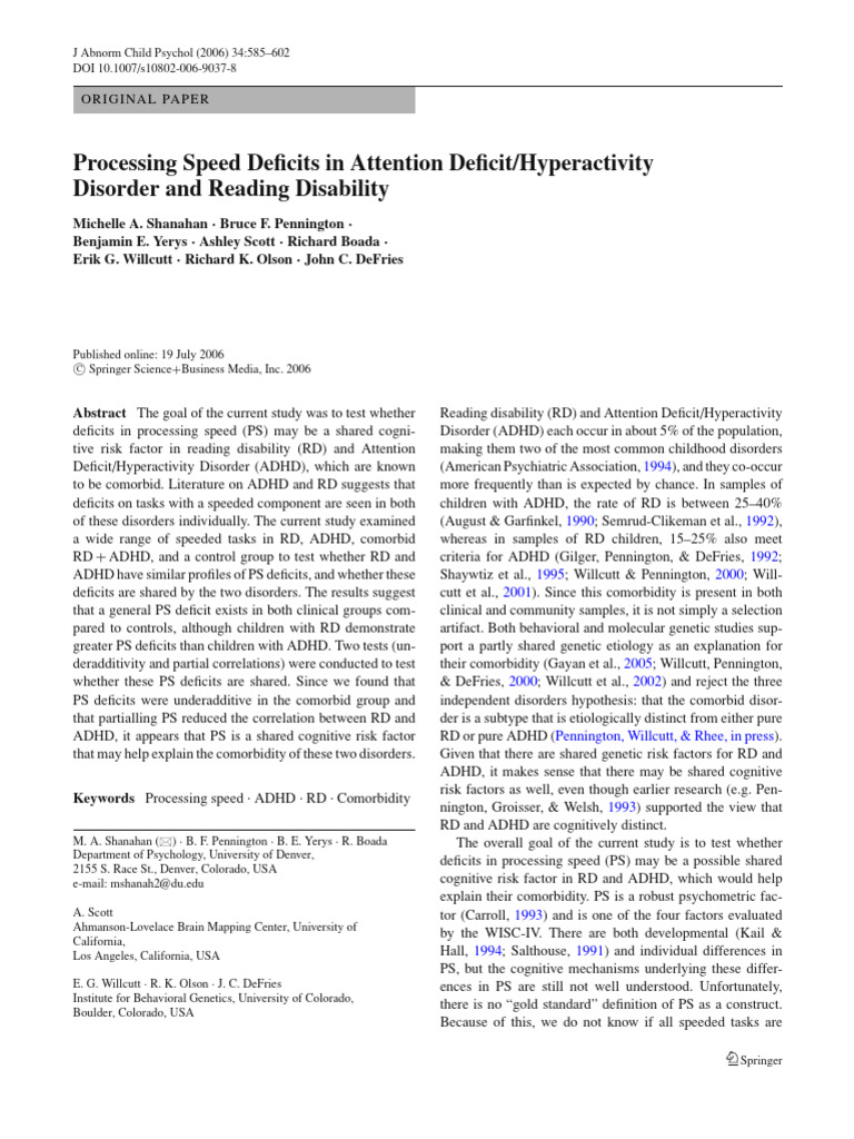 Processing Speeds Deficits in Attention Deficit Hyperactivity Disorder ...