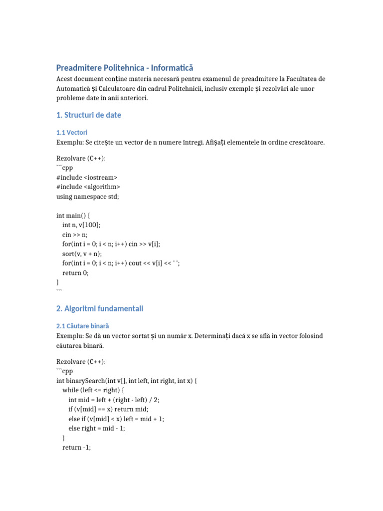 Preadmitere Politehnica Informatica | PDF