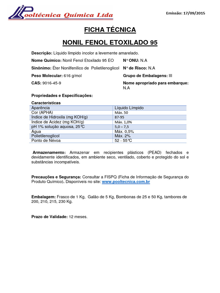 Nonil Fenol Etoxilado 95: Ficha Técnica | PDF