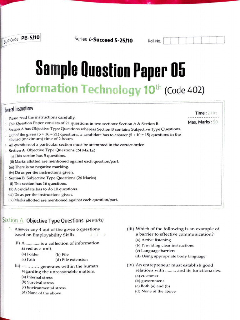 IT Class 10 Sample Question Paper | PDF | Databases | Relational Database