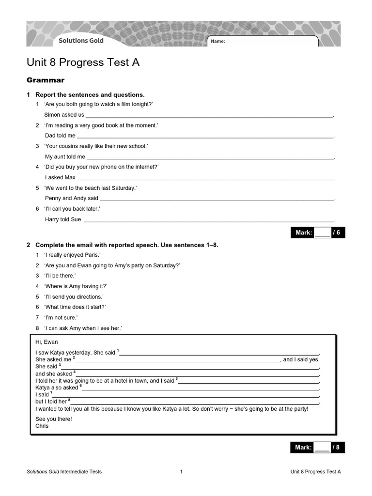 Solutions Gold Intermediate Progress Test Unit 8A | PDF | Laurence Sterne