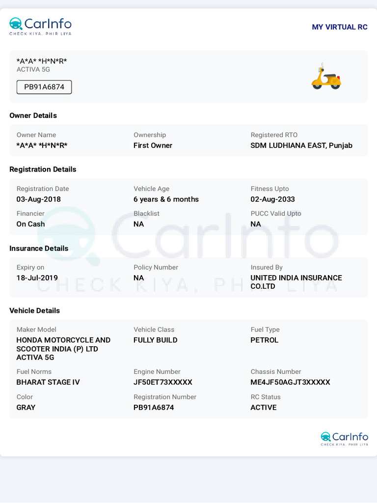 Honda Activa 5G RC Details & Owner Info | PDF