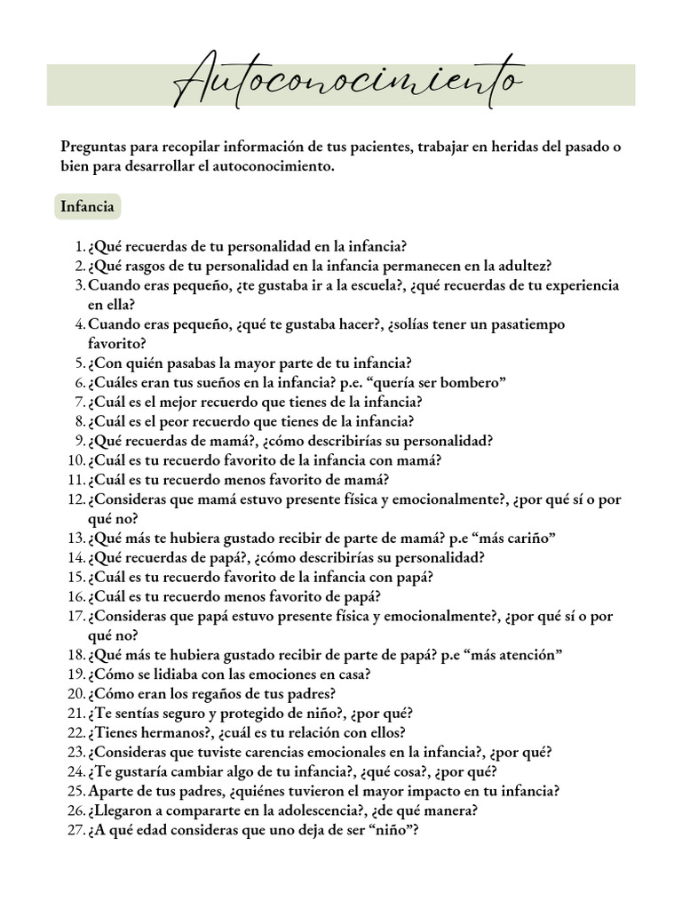 Preguntas para el Autoconocimiento Personal | PDF | Adolescencia | Adultos