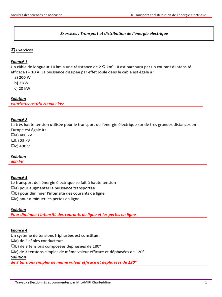 TD Transport et Distribution Électrique | PDF | Tension électrique ...