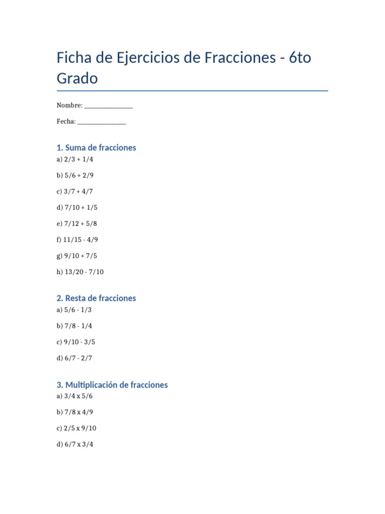Ejercicios de Fracciones para 6to Grado | PDF