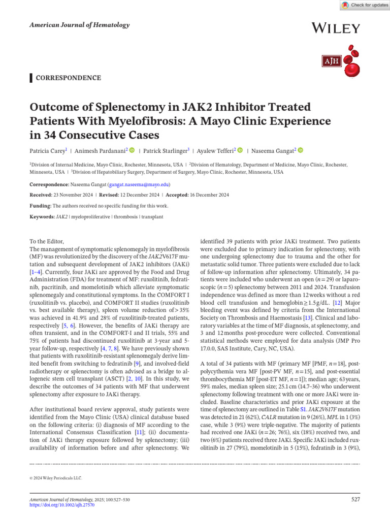 American J Hematol - 2024 - Carey - Outcome of Splenectomy in JAK2 ...